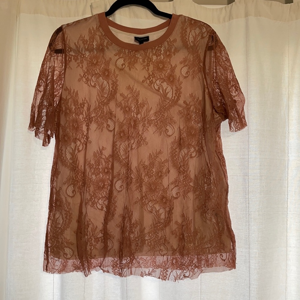 Pink lace overlay crew neck shirt